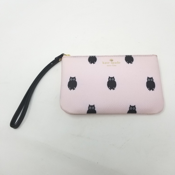 Kate Spade Light Pink & Black Owl Printed Wristlet Clutch ♠️ Novelty Bag - Picture 1 of 10